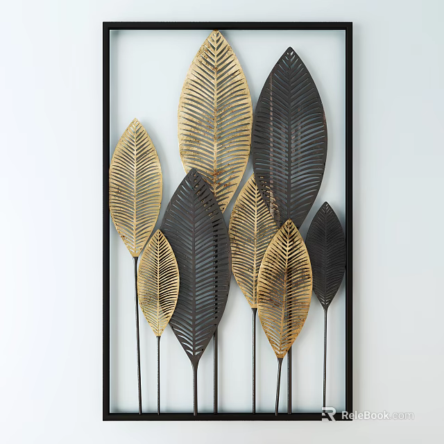 Elegant Modern Leaf Shaped Metal Wall Decor With Gold Black Accents 3d model 