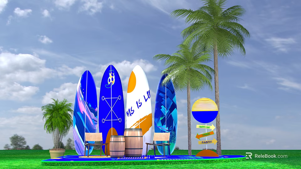 Vibrant Photo Check-in Spot with Colorful Surfboards Palm Trees and Wooden Barrels 3d model 