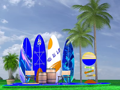 Vibrant Photo Check-in Spot with Colorful Surfboards Palm Trees and Wooden Barrels 3d model