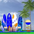 Vibrant Photo Check-in Spot with Colorful Surfboards Palm Trees and Wooden Barrels