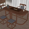 Traditional Chinese Style Wooden Tea Table And Chairs With Stools Tea Set Tray And Vase