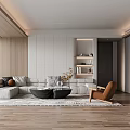 Modern Living and Dining Area Interior With Gray Sofa Coffee Table Bookshelf And Dining Chairs