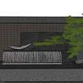 Landscape Wall With Perforated Brick Design Circular Accent Waterfall Feature And Pine Tree 3d model