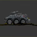 Armored Military Vehicle With Six Wheeled Design And Turret On Grassland Terrain