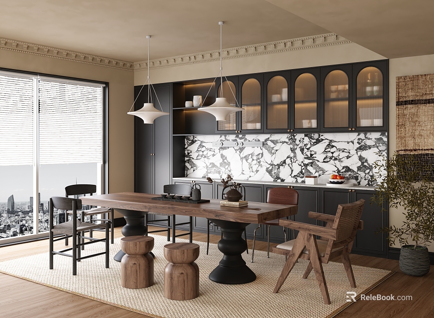 Modern Restaurant Open Kitchen Interior With Island Counter Dining Table And Chairs 3d model 