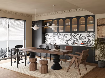 Modern Restaurant Open Kitchen Interior With Island Counter Dining Table And Chairs 3d model