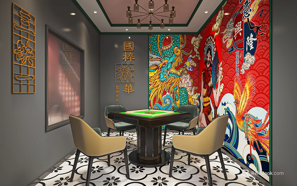 Elegant Hotel Mahjong Room With Traditional Chinese Dragon Mural Mahjong Table And Chandelier 3d model 
