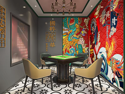 Elegant Hotel Mahjong Room With Traditional Chinese Dragon Mural Mahjong Table And Chandelier 3d model