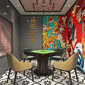 Elegant Hotel Mahjong Room With Traditional Chinese Dragon Mural Mahjong Table And Chandelier