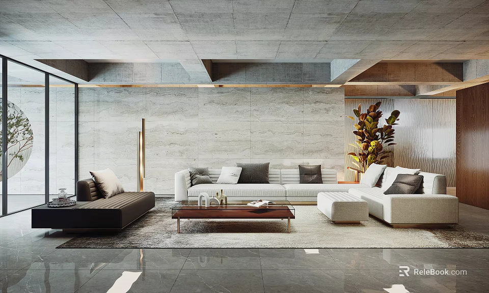 Modern Living Room Interior Design With White Sofa Coffee Table And Large Plant 3d model 