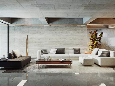 Modern Living Room Interior Design With White Sofa Coffee Table And Large Plant 3d model