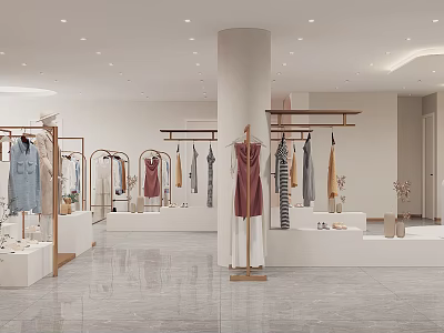 Modern Clothing Store Interior With Hanging Dresses Display Racks And Marble Floor 3d model
