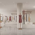 Modern Clothing Store Interior With Hanging Dresses Display Racks And Marble Floor