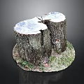 Wooden Stone Tree Stumps with Rustic Bark Texture Natural Cross Sections and Grass Base