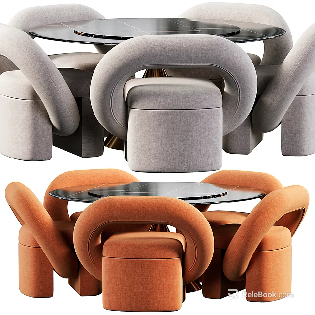 Modern Fabric Dining Table Set With Glass Top And Curved Armchairs In Gray Orange 3d model 