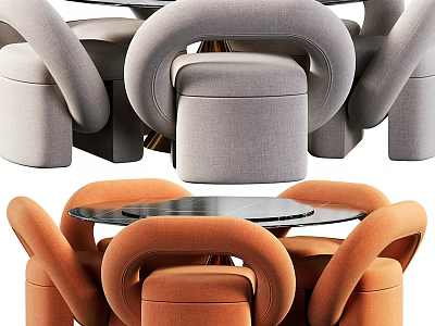 Modern Fabric Dining Table Set With Glass Top And Curved Armchairs In Gray Orange 3d model