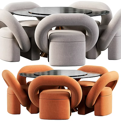 Modern Fabric Dining Table Set With Glass Top And Curved Armchairs In Gray Orange 3d model