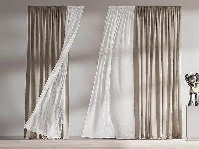 Beige And White Sheer Curtains With Double Layer Design For Modern Interior Window Decor 3d model