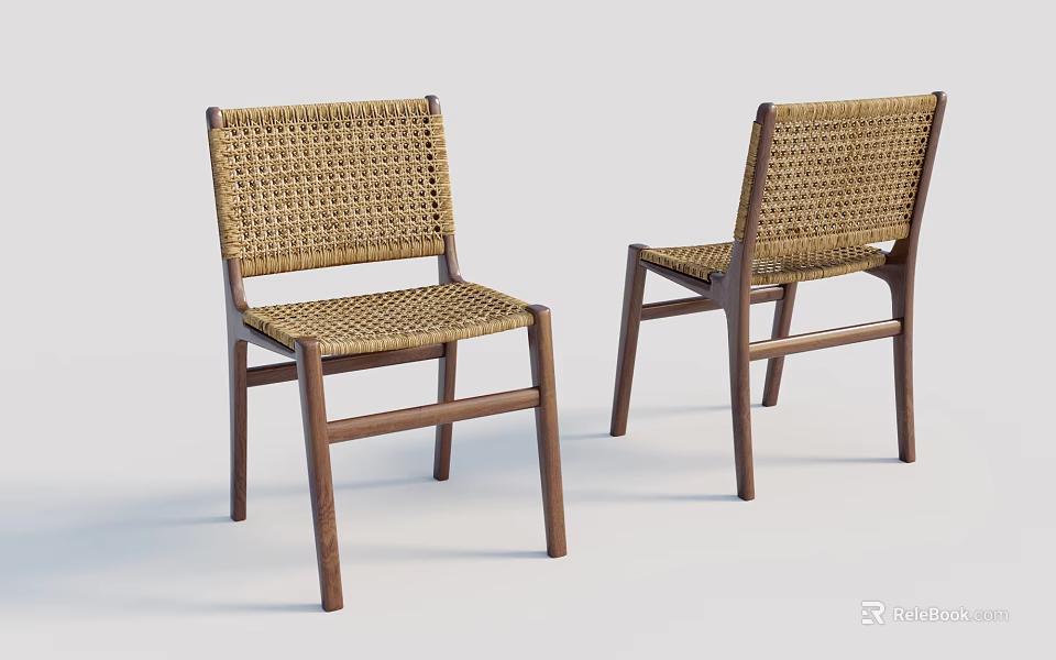 Modern Natural Style Dining Chairs Set of Two With Woven Seat Backrest And Wooden Frame 3d model 
