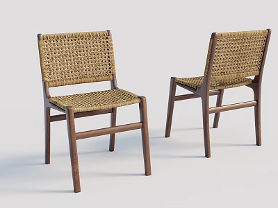 Modern Natural Style Dining Chairs Set of Two With Woven Seat Backrest And Wooden Frame 3d model