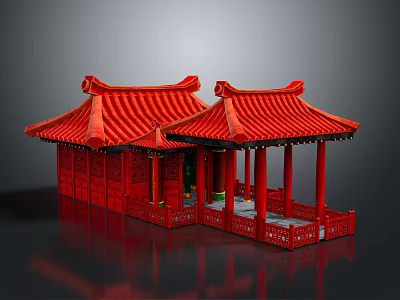 Chinese Traditional Red Architecture With Overhanging Eaves Red Roof Wooden Pillars And Open Veranda 3d model