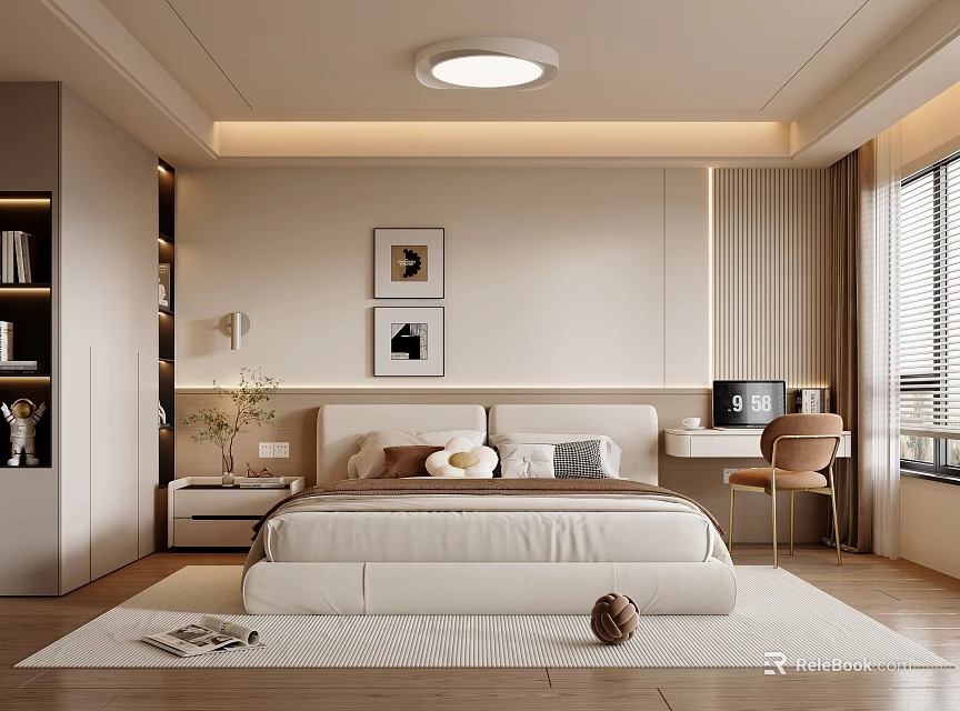 Modern Bedroom Interior Design With White Upholstered Bed Desk Bookshelf Table Lamp And Green Plant 3d model 