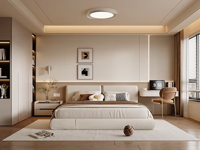 Modern Bedroom Interior Design With White Upholstered Bed Desk Bookshelf Table Lamp And Green Plant 3d model