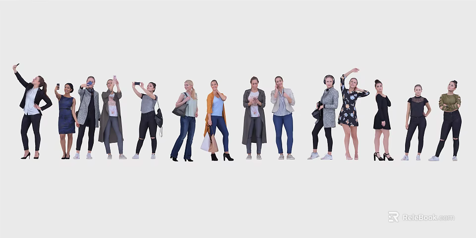 Group of People in Various Poses and Casual Clothing Standing Together 3d model 