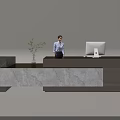 Modern Reception Desk Interior With Receptionist Computer Decorative Plant And Marble Design