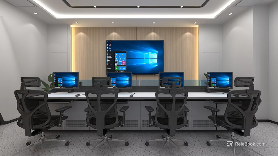 Professional Modern Monitoring Room Interior With Multiple Monitor Screens Control Desk And Chairs 3d model 