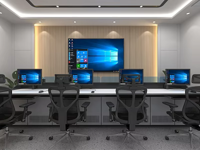 Professional Modern Monitoring Room Interior With Multiple Monitor Screens Control Desk And Chairs 3d model