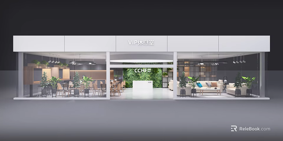 VIP Lounge Area With Green Plants Comfortable Sofas And Wooden Tables Chairs 3d model 