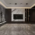 Modern Open Concept Living And Dining Room With Dark Wood And Marble Accents