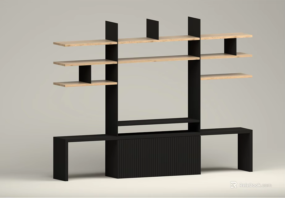 Modern Minimalist TV Stand with Black Frame Light Wood Shelves and Vertical Slat Cabinet 3d model 