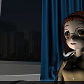Game Character With Red Brown Hair Glasses Yellow Shirt By Blue Curtains And Tall Buildings