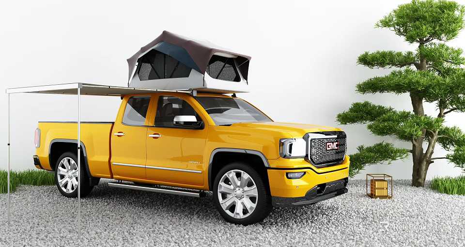 Yellow GMC Pickup Truck With Roof Top Tent And Outdoor Pine Tree Lantern 3d model 