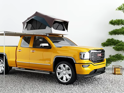 Yellow GMC Pickup Truck With Roof Top Tent And Outdoor Pine Tree Lantern 3d model