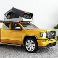 Yellow GMC Pickup Truck With Roof Top Tent And Outdoor Pine Tree Lantern
