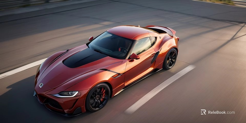 Red Sports Car Driving On Road With Sleek Design And Black Roof 3d model 