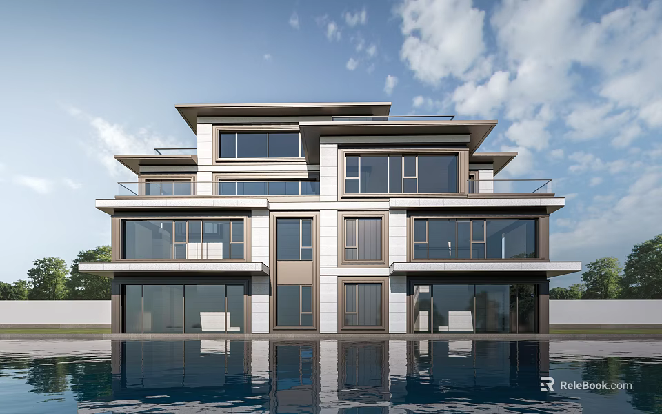Modern Detached Villa Featuring Large Glass Windows Balconies and Water Reflection Under Blue Sky 3d model 