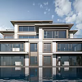 Modern Detached Villa Featuring Large Glass Windows Balconies and Water Reflection Under Blue Sky