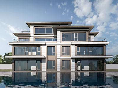 Modern Detached Villa Featuring Large Glass Windows Balconies and Water Reflection Under Blue Sky 3d model