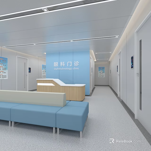 Ophthalmology Clinic Interior With Reception Area And Blue Waiting Benches 3d model 