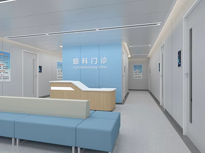 Ophthalmology Clinic Interior With Reception Area And Blue Waiting Benches 3d model