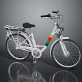 White Bicycle With Colorful Stripes Black Seat And Rear Metal Basket