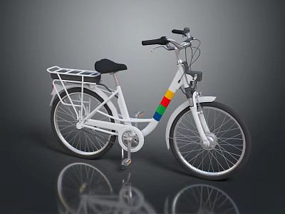White Bicycle With Colorful Stripes Black Seat And Rear Metal Basket 3d model