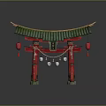 Traditional Japanese Torii Gate With Green Roof Red Pillars And Hanging Lanterns
