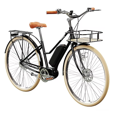 Black Electric Bicycle With Brown Seat Beige Wheels Front Basket And Rear Rack 3d model