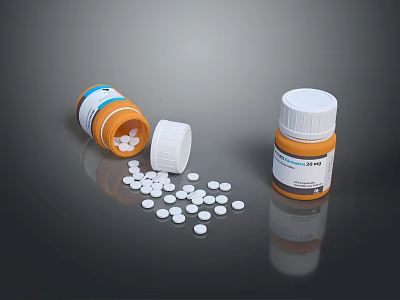 Medical Devices Including Medicine Bottles With Scattered White Tablets And Labels 3d model
