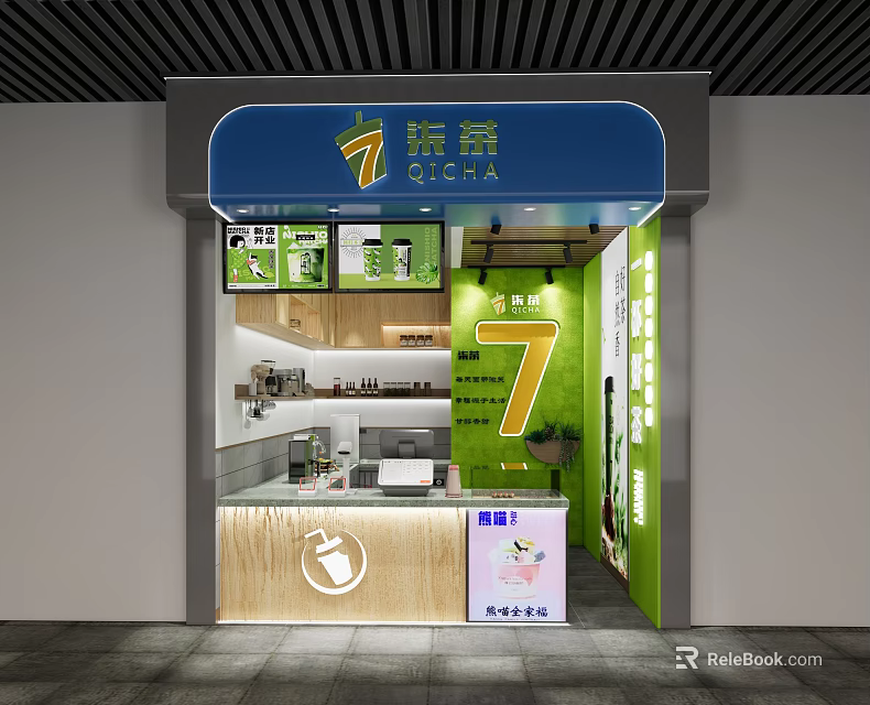 7 Tea Milk Tea Shop Exterior With Blue Awning Green Decor And Counter 3d model 